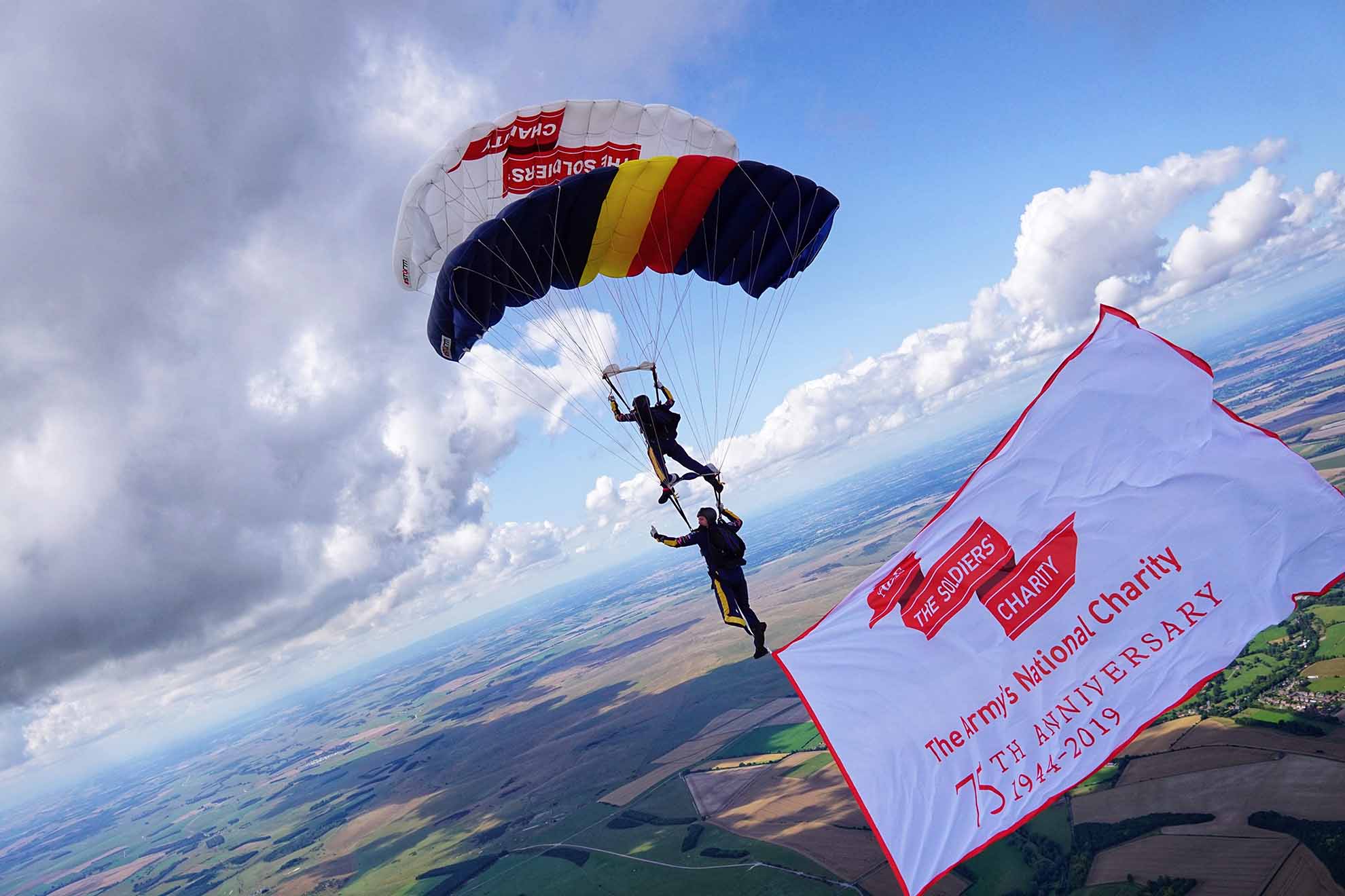 Picture of 75th Anniversary parachute jump. ABF, The Soldier's Charity, PR Campaign.